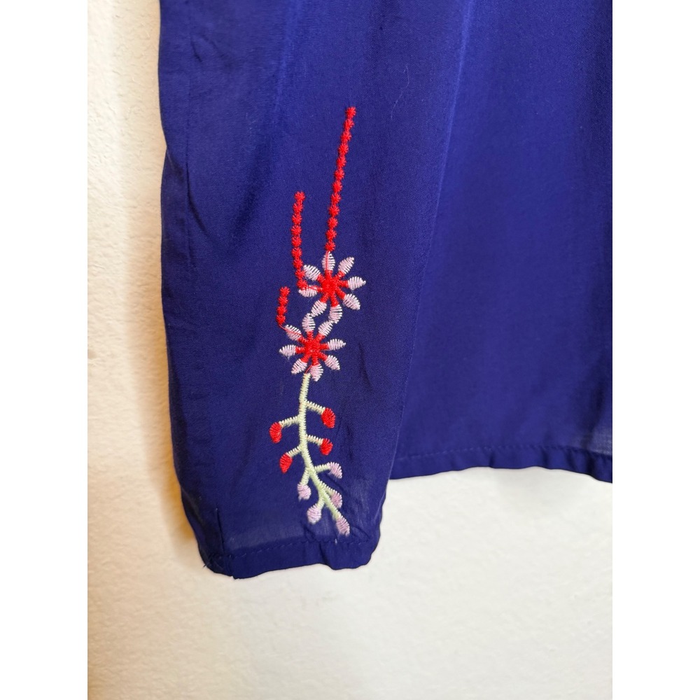 Navy Blue Embroidered Floral Boho 100% Cotton Blouse Top 1XL 3/4 Sleeve Peasant - Picture 9 of 13